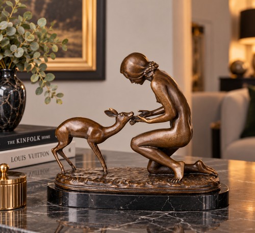Bronze skulptur frau mit reh - bronze,